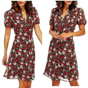 Betsey Johnson Button Front Dress Size 14 Chiffon Black Red Pink Roses NWT